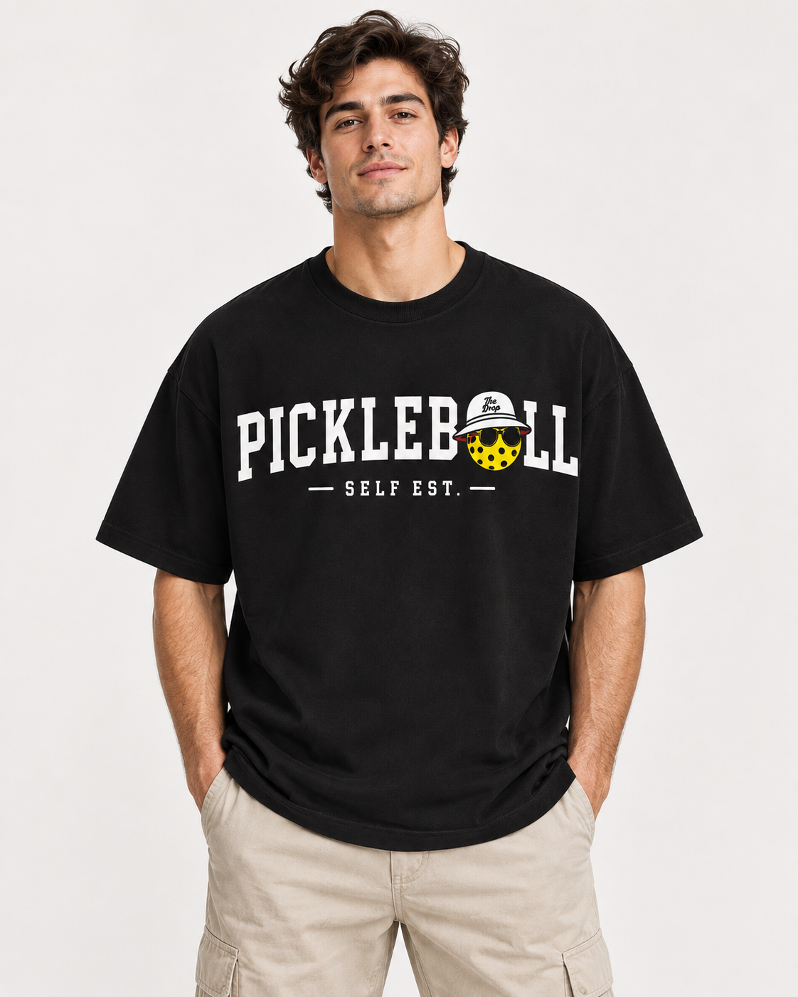 Model wearing Pickleball Self Est. Tee, front view