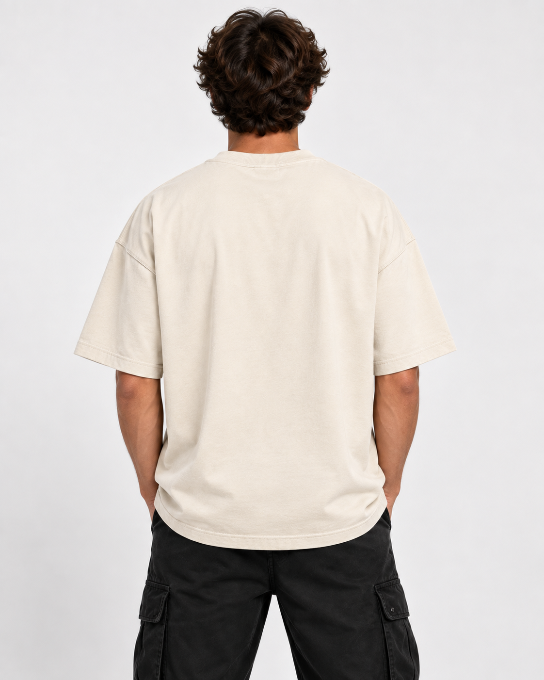 Model wearing The Drop Script Tee, back view