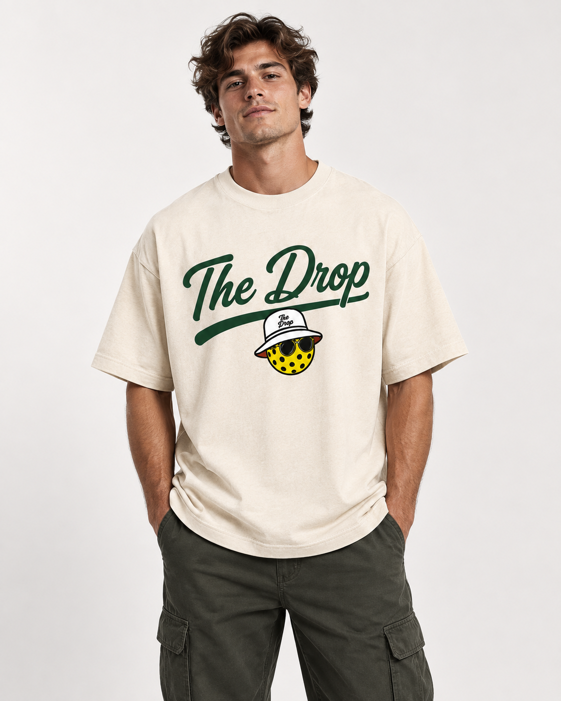 Model wearing The Drop Script Tee, front view