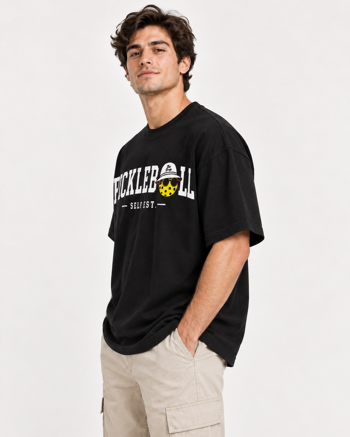 Model wearing Pickleball Self Est. Tee, angled view