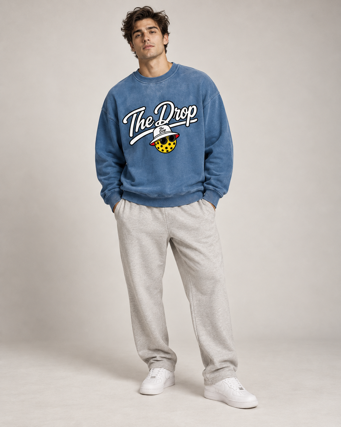 The Drop Blue Crewneck — single model front view