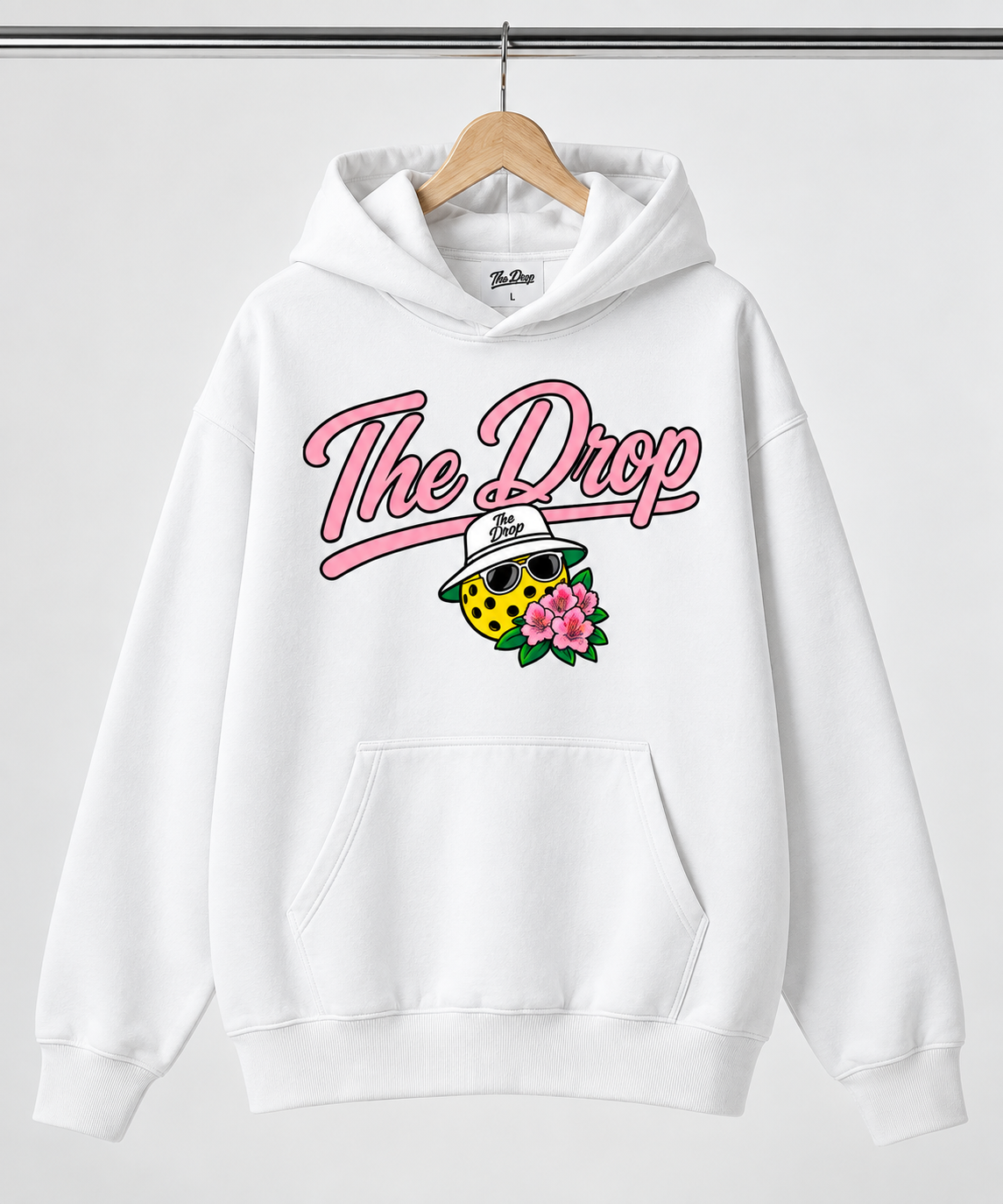 The Drop White Hoodie — studio front view