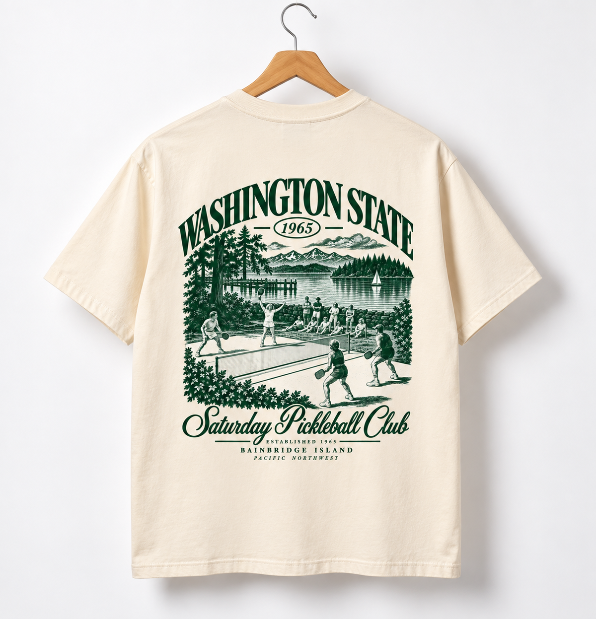 Washington State Tee on a wooden hanger, back view